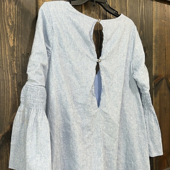 Free People Chambray Mini Dress Romper L Blue Mist Denim Look Boho Flare Sleeves - Picture 7 of 13
